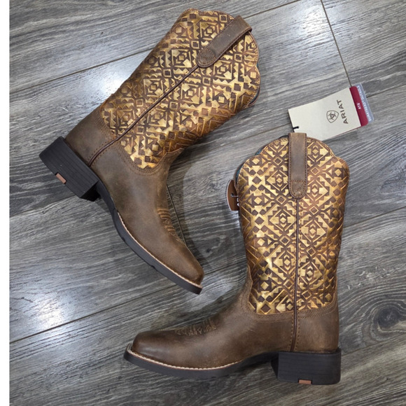 Ariat Round Up Wide Square Toe Cowboy Boot Bare Brown Copper Blanket Emboss 9B - Picture 4 of 9